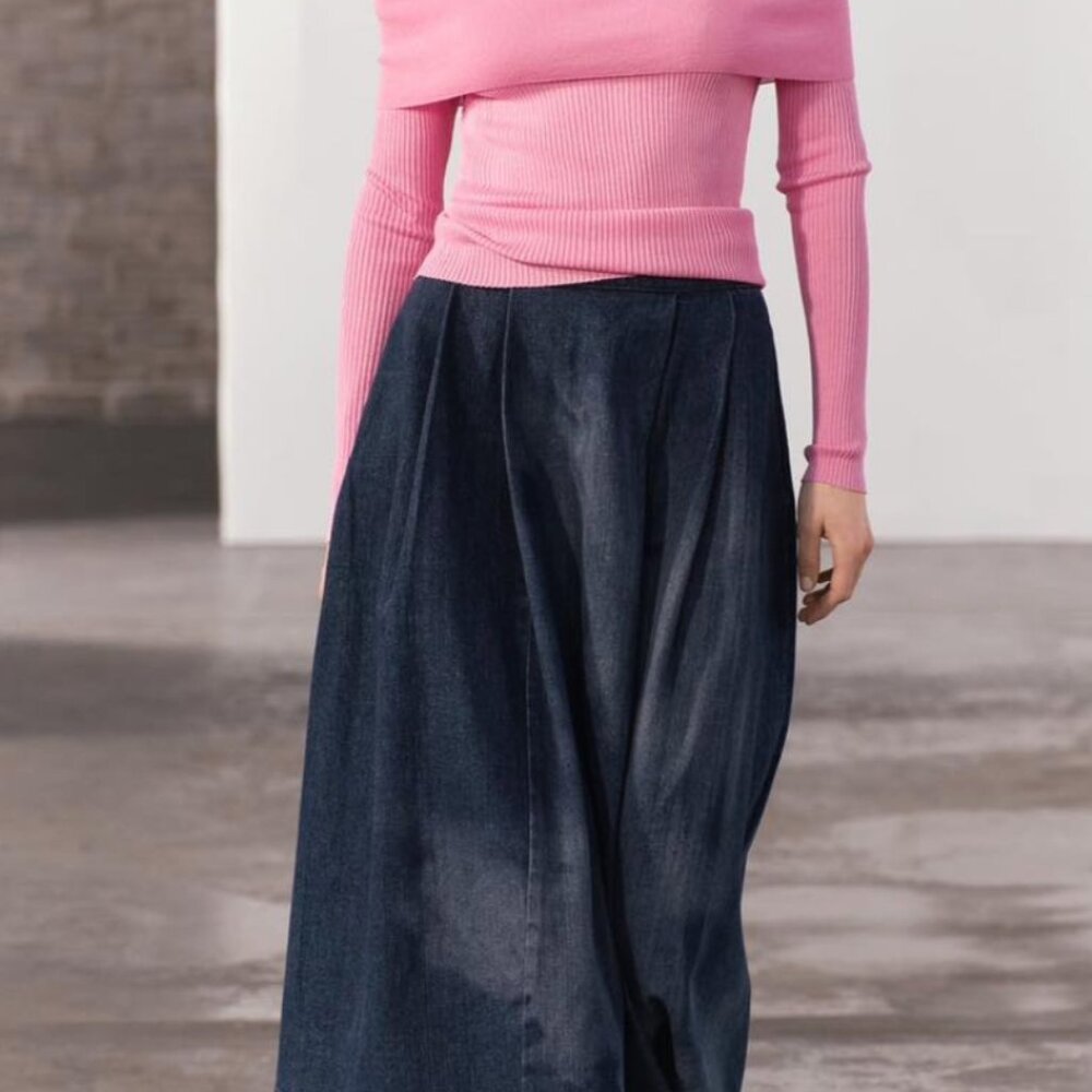 NWT. Zara ZW Collection Blue Laser Print Denim Midi Skirt.